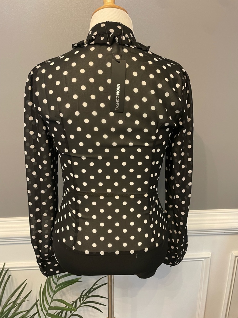 Fashion Nova Black and White Polka Dot Ruffle Tie-Neck Blouse - Picture 4 of 13